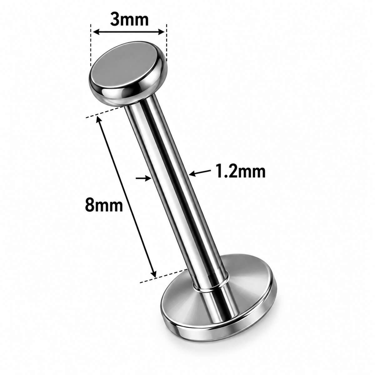 316L Surgical Steel Flat Top Flat Back Labret Stud – 16G, 3mm Top, 6mm / 8mm