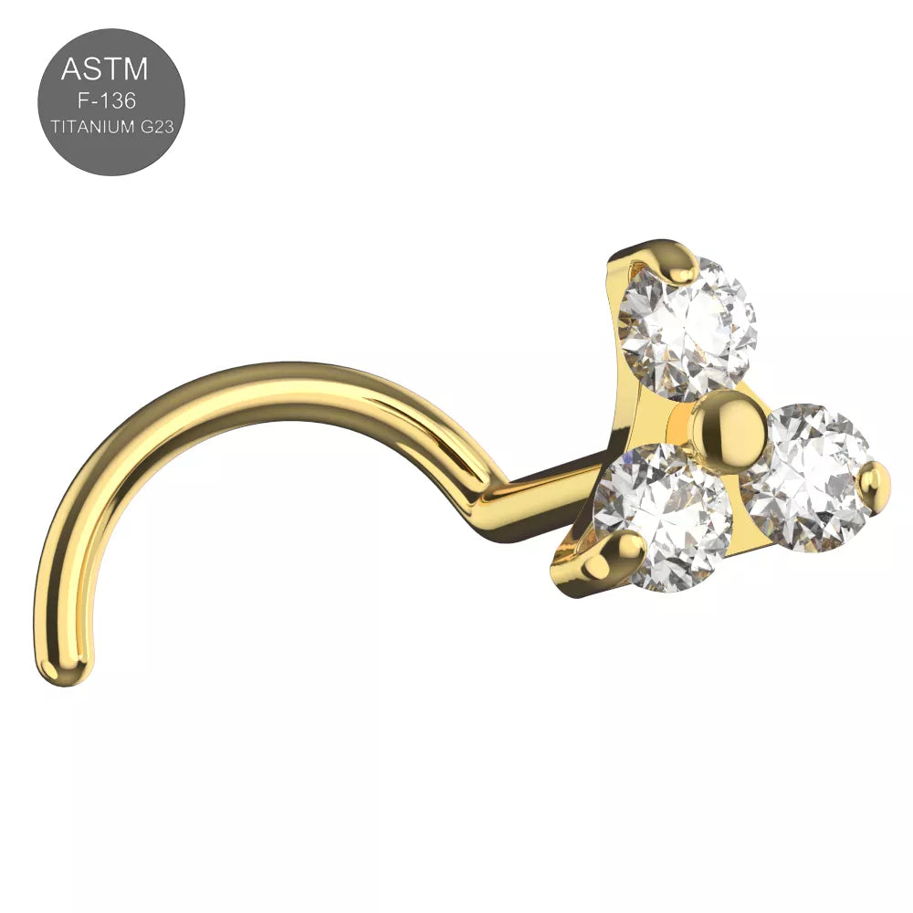 G23 Grade Titanium Triangle Shape Design with triple CZ Stone Screw Type Nose Stud