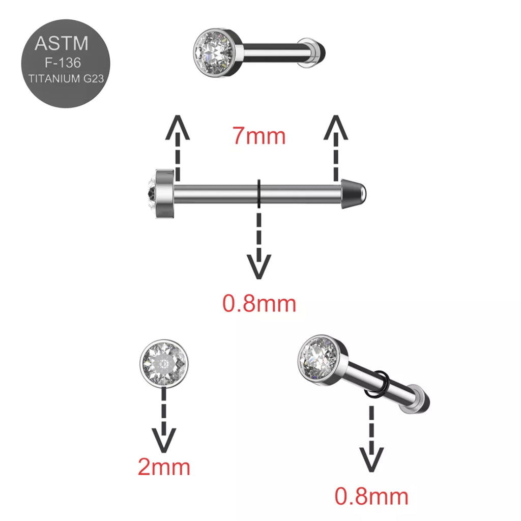 G23 Titanium Bezel Set CZ Nose Bone Stud – 20G (0.8mm) 7mm
