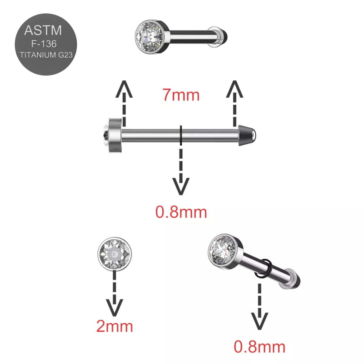 G23 Titanium Bezel Set CZ Nose Bone Stud – 20G (0.8mm) 7mm