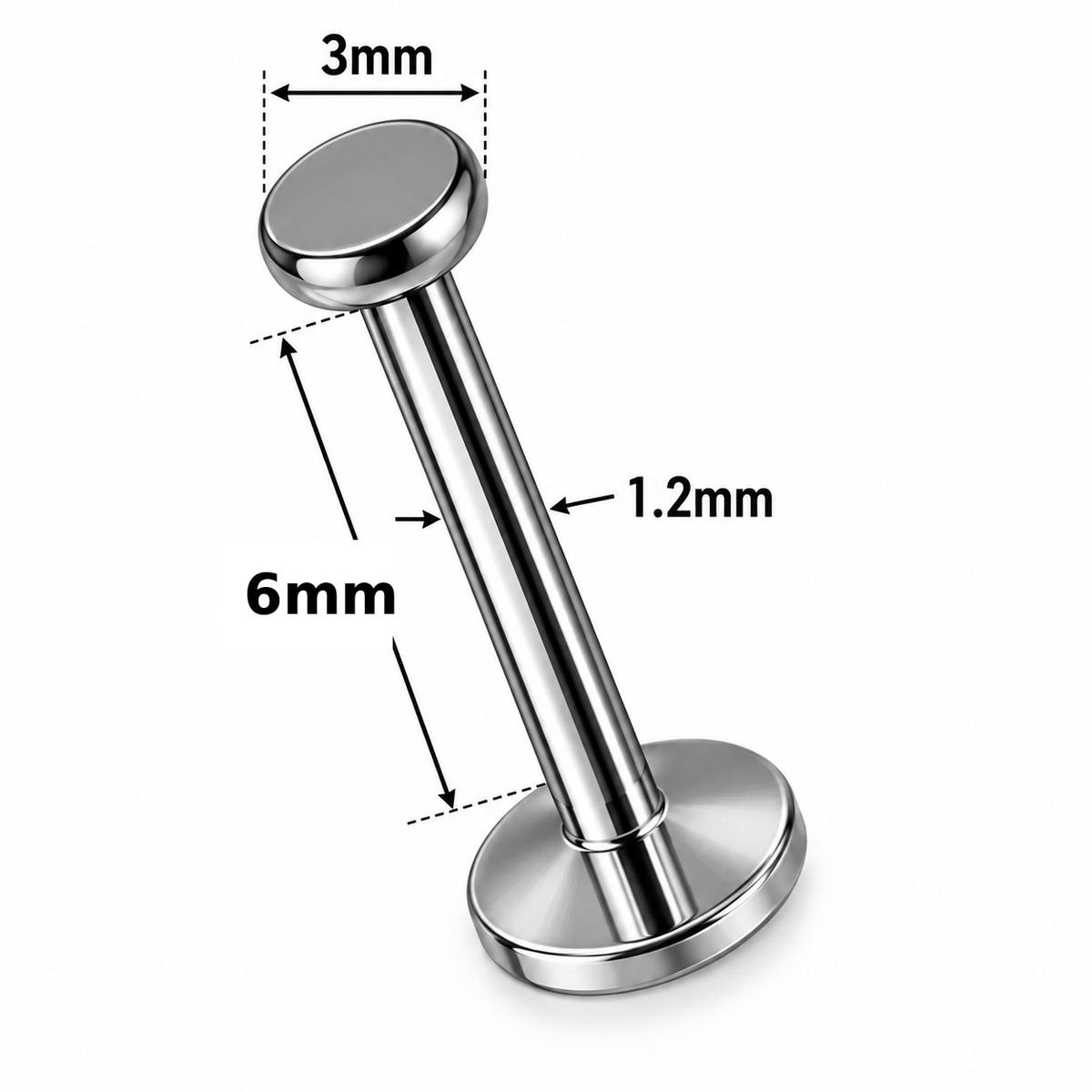316L Surgical Steel Flat Top Flat Back Labret Stud – 16G, 3mm Top, 6mm / 8mm